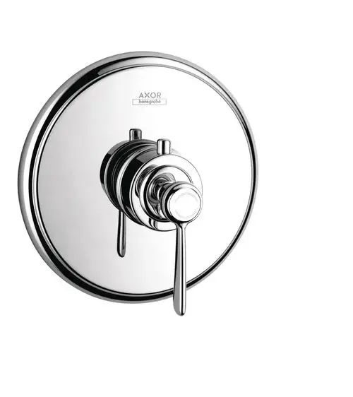 Thermostatarmatur von AXOR mit Hebelgriff, eingelassen in die Wand. Die Oberfläche hat eine glänzende Edelstahl-Optik und rundes Design.